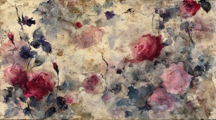 Melancholic watercolor garden: wilted roses and violets in grayish-lilac and faded crimson, soft ink bleeds on tea-stained parchment texture