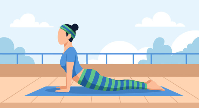 Woman practicing yoga outdoors on a balcony, perfect for wellness websites or brochures.