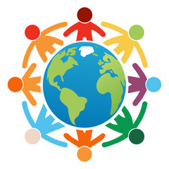 
A colorful illustration showing a group of diverse, stylized human figures holding hands around a blue and green globe, symbolizing unity, diversity, and global community.