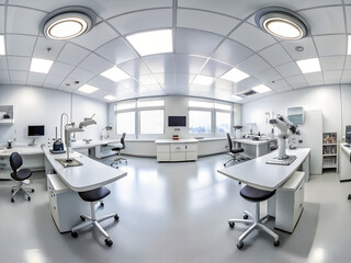 A panoramic view of a modern and sterile research laboratory with advanced equipment and bright lighting