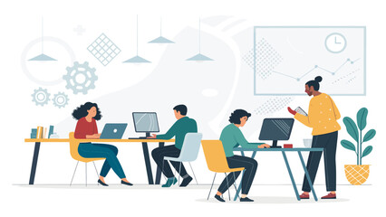 Obraz premium Diverse team collaborating in a modern office, perfect for website banners or business presentations.