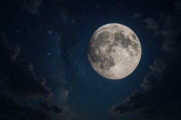 Naklejka premium Luminous full moon with detailed crater features against dramatic night sky with atmospheric cloud formations