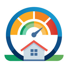 A speedometer-like gauge with a house icon below it. The gauge indicates a range from red (low) to green (high), suggesting a measurement or rating related to housing.