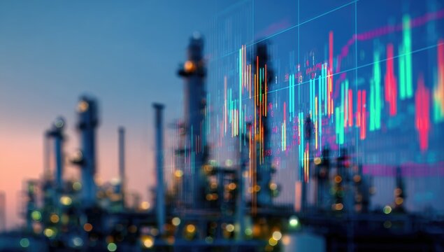 Industrial landscape with financial data overlay