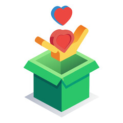 An isometric illustration of a hand offering a heart from an open green box, with another heart floating above, symbolizing giving, charity, or appreciation.