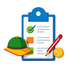 An icon featuring a clipboard with a checklist, a pencil, a green hat, and a yellow tennis ball, suggesting planning or preparation for activities.