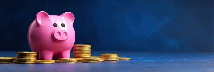 Pink piggy bank on a pile of gold coins on a dark blue surface