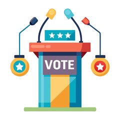 A vibrant illustration of a debate podium with microphones and "VOTE" written on it, symbolizing elections or political discussion.