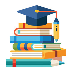 Stack of books topped with a graduation cap and a pencil, symbolizing education.