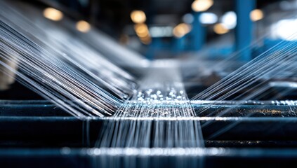 Abstract textile manufacturing process with threads creating a dynamic pattern of light and shadow, showcasing precision and industrial artistry.