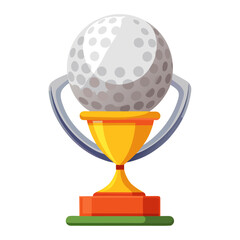 A golf ball trophy with a golden cup and shield design.