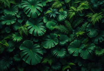 Fototapeta premium Lush green canopy featuring monstera and ferns, vibrant botanical arrangement