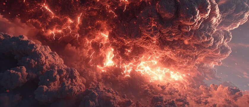 Cinematic wide shot of explosive volcanic eruption column with incandescent magma turbulence, colossal ash plume illuminated by volcanic lightning against chaotic darkness.