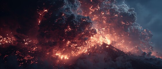 Cinematic wide shot of explosive volcanic eruption column with incandescent magma turbulence, colossal ash plume illuminated by volcanic lightning against chaotic darkness.