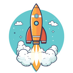 rocket launching up, vector flat line style concept illustration, vector style simple color
