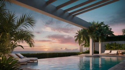 Tranquil Poolside at Sunset Under Pastel Skies