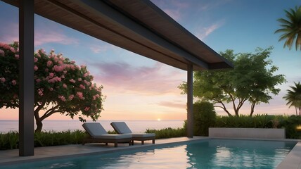 Tranquil Poolside at Sunset Under Pastel Skies