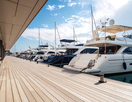 Luxury yachts lined up at a marina dock. Sunny, light blue sky. Wooden walkway