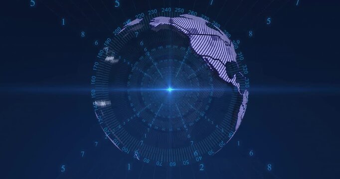Central glow activating land fragments forming spinning globe in HUD displaying country labels