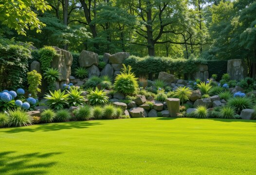 Lush green garden with rocks, plants and lawn in scenic tranquil environment