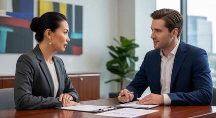 A professional business meeting between a man and woman, discussing documents.