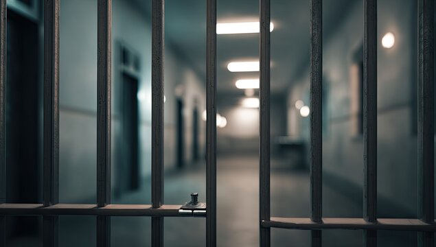 Prison corridor viewed through bars