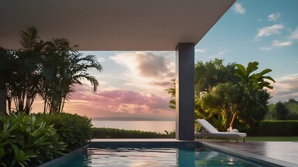 Tranquil Poolside at Sunset Under Pastel Skies