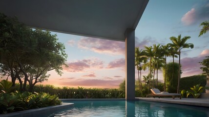 Tranquil Poolside at Sunset Under Pastel Skies