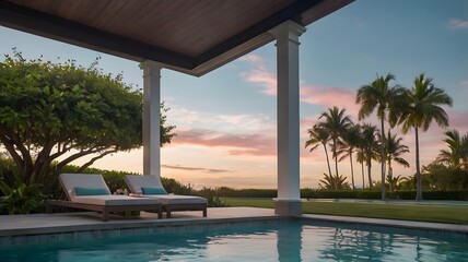 Tranquil Poolside at Sunset Under Pastel Skies