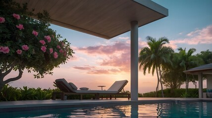 Tranquil Poolside at Sunset Under Pastel Skies