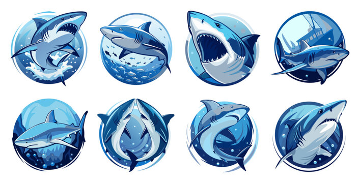 A collection of eight stylized blue shark illustrations in circular frames, showcasing dynamic poses and scenes. Ideal for logos, emblems, badges, and ocean-themed branding.