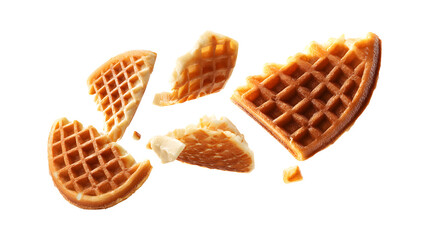 Belgian waffles and waffle pieces levitating in the air isolated on a white background