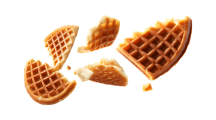 Belgian waffles and waffle pieces levitating in the air isolated on a white background
