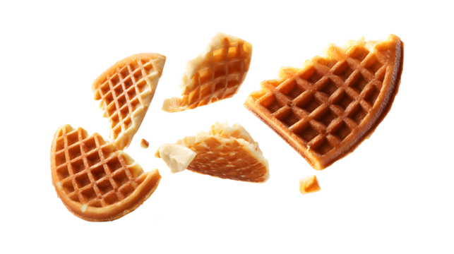 Belgian waffles and waffle pieces levitating in the air isolated on a white background