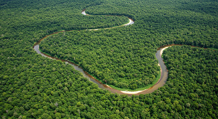 Aerial View of a Winding River in the Amazon Rainforest