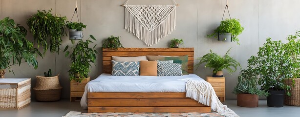 Bohemian bedroom interior with bohemian bedroom decor, cozy bohemian bedroom design with natural wood, stylish bohemian bedroom with macrame wall art