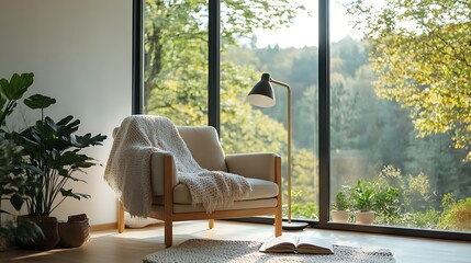 Cozy reading corner interior, natural light cozy reading corner, minimalist cozy reading corner with forest view