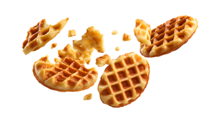 Belgian waffles and waffle pieces levitating in the air isolated on a white background
