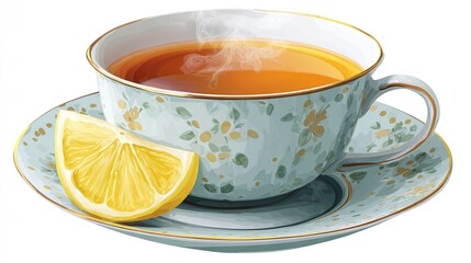 A cup of tea with a slice of lemon, sitting on a matching saucer, with steam rising from it