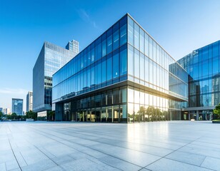 Fototapeta premium Modern glass office complex at dawn. Large, contemporary buildings with reflective glass facades. Empty plaza in front, light stone paving. Clear blue sky