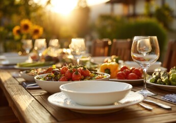 An inviting outdoor feast awaits and family on a sunlit wooden table laden with fresh salads and sparkling glassware creating a warm