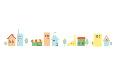 パステルカラーの街並みのかわいい手描きイラスト