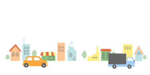 パステルカラーの街並みと車のかわいい手描きイラスト