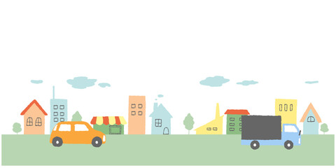 パステルカラーの街並みと車のかわいい手描きイラスト