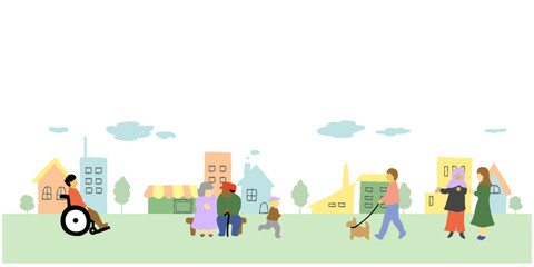 いろいろな人々がいる街並みのかわいい手描きイラスト