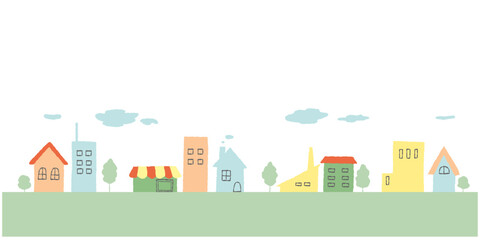 パステルカラーの街並みのかわいい手描きイラスト