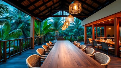 Dining area on a tropical terrace with hanging lights and long wooden table