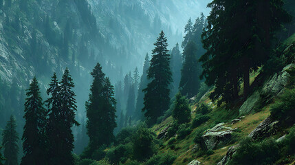 Misty Mountain Forest Landscape: Coniferous Trees