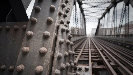 Detailed steel structure of railway bridge, metal framework and rivets, perspective