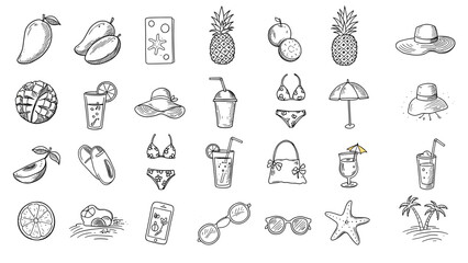 Summer Vacation Doodle Icons: Hand-Drawn Beach & Tropical Fruit Elements